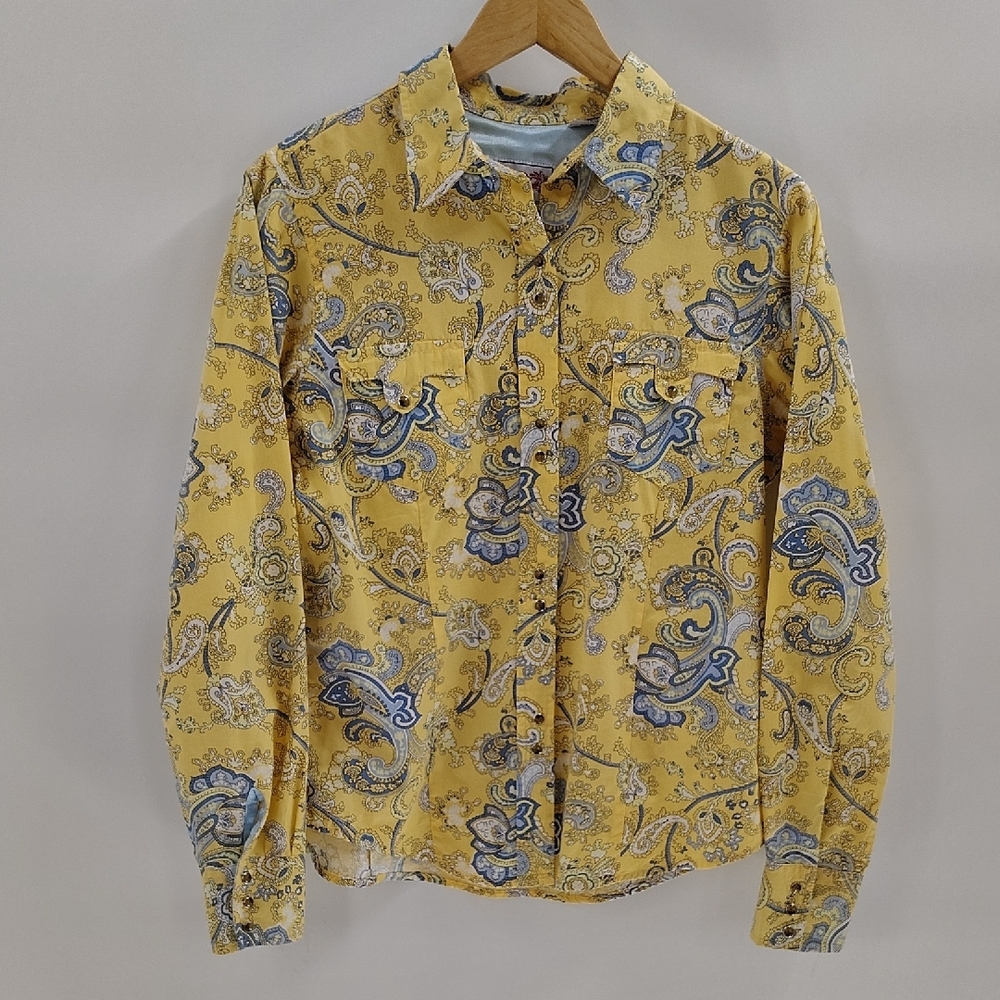 Roper Pearl Snap Blouse Size Medium Yellow Blue Paisley Print Long Sleeve Satin